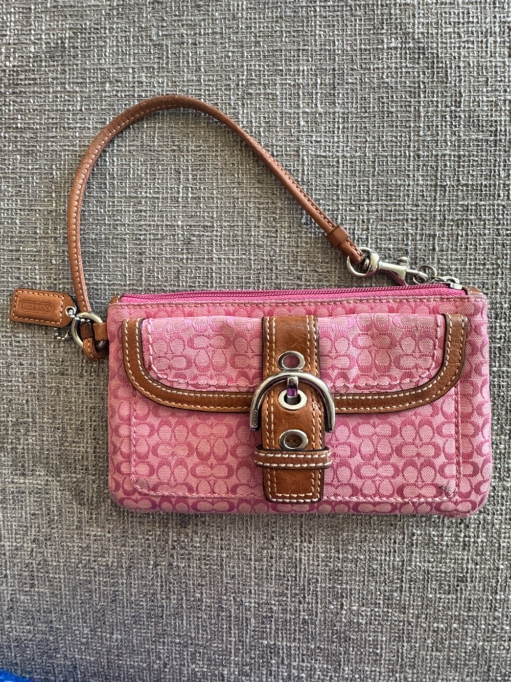 Coach Pink Signature Canvas Wristlet with Brown Leather Accents